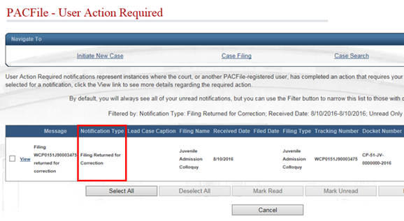 A Filing Returned for Correction in the User Action Required notification screen.